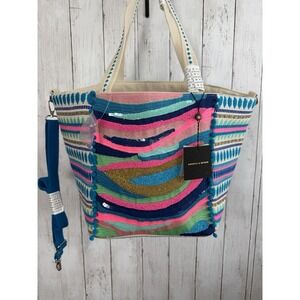 America & Beyond Beaded Embellished Tote W/Crossbody Strap Beach Boho NWT
